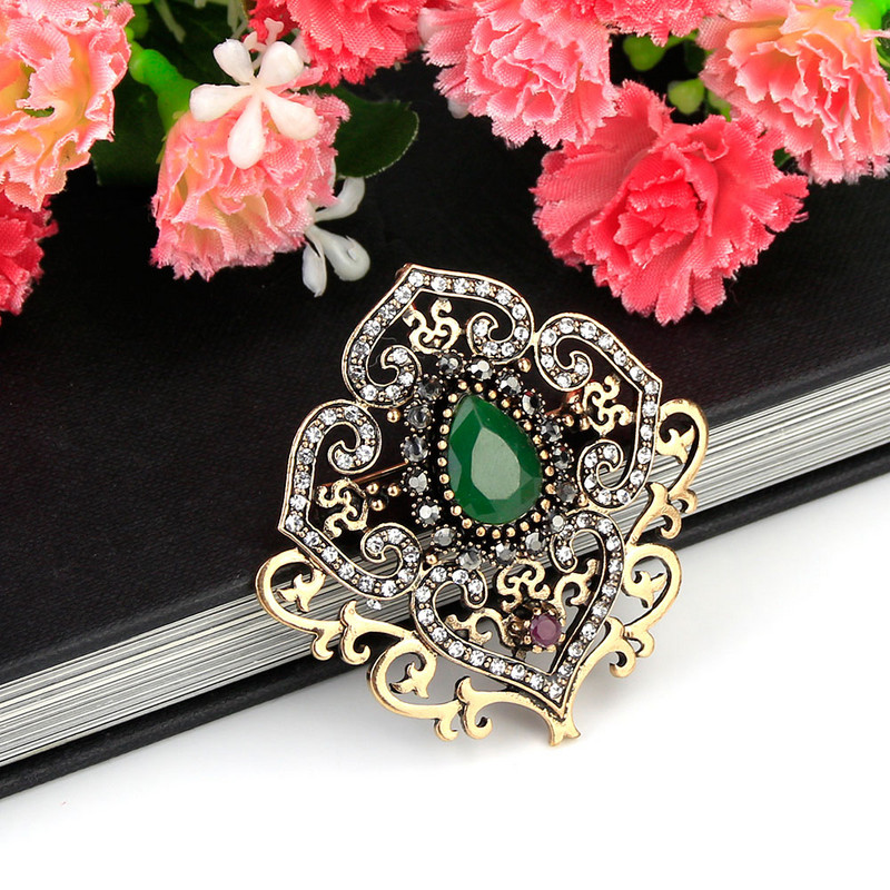 Sunspicems Retro Vintage Virág Bross Pin Női Antik Arany Szín Gyanta Török Etnikai Esküvői Ékszer Kristály Bross