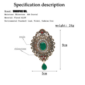 SUNSPICE MS Bohemia Crystal Flower Brooch Pins Метален шал Коледен подарък Ретро сватбени бижута Турски жени Брошки Брошки