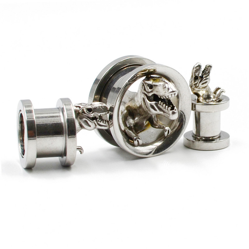 PERECHE dopuri de urechi pentru dinozaur, tuneluri, fixare cu șuruburi, cercei, inel de piercing, din oțel inoxidabil, calibre pentru urechi, extensii, dopuri de tip Hellow