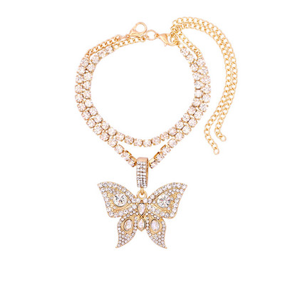 Iced Out Cristal Strasuri Fluture Pandantive Lanț de gleznă pentru femei Multi-strat cu Strasuri mari Lanț de tenis Bijuterii pentru gleznă