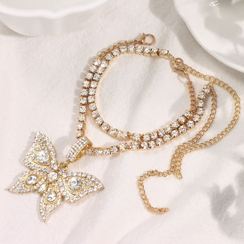 Iced Out Cristal Strasuri Fluture Pandantive Lanț de gleznă pentru femei Multi-strat cu Strasuri mari Lanț de tenis Bijuterii pentru gleznă