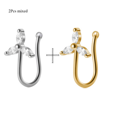 2 buc. Clip de floare de șopârlă de culoare mixtă pe inel pentru nas, stea pentru piercing pentru nas fals, clip pentru nas în cruce, bijuterii false, piercing fals Nez