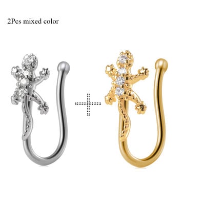 2 buc. Clip de floare de șopârlă de culoare mixtă pe inel pentru nas, stea pentru piercing pentru nas fals, clip pentru nas în cruce, bijuterii false, piercing fals Nez