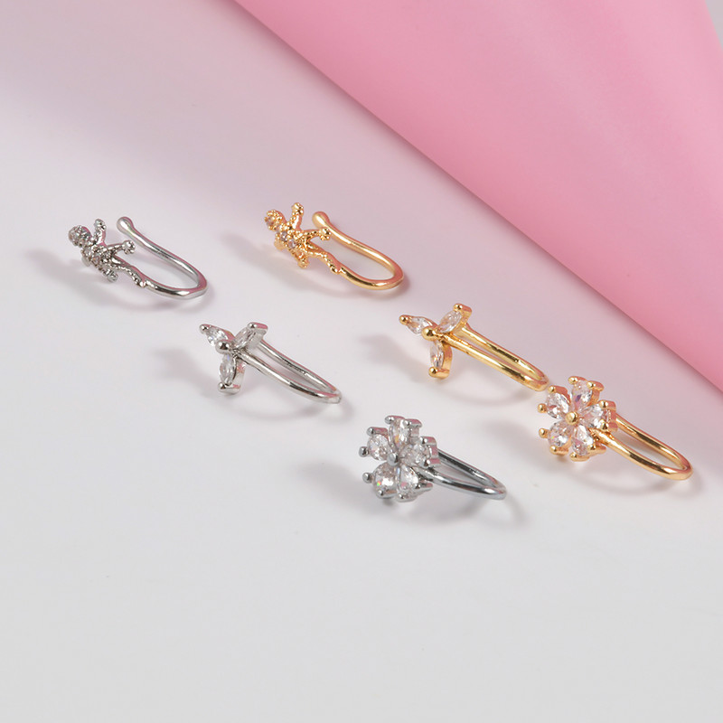 2 buc. Clip de floare de șopârlă de culoare mixtă pe inel pentru nas, stea pentru piercing pentru nas fals, clip pentru nas în cruce, bijuterii false, piercing fals Nez