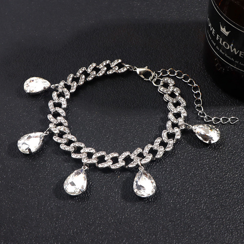 Brelocuri noi de cristal transparent, gleznele cubaneze din metal pentru femei, strasuri punk, cu legături cubaneze groase, brăţară, bijuterii pentru picioare, cadou