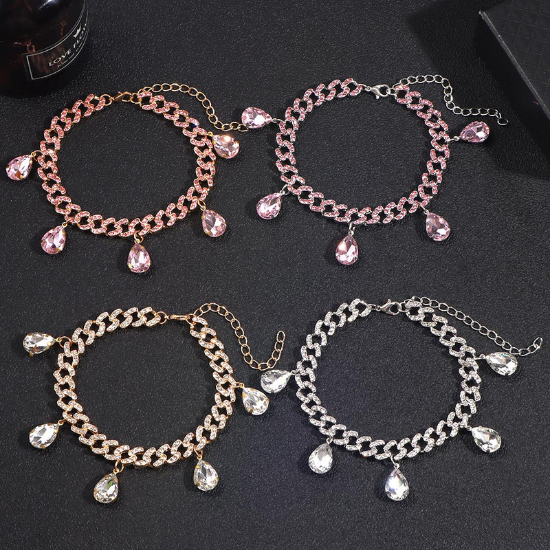 Brelocuri noi de cristal transparent, gleznele cubaneze din metal pentru femei, strasuri punk, cu legături cubaneze groase, brăţară, bijuterii pentru picioare, cadou