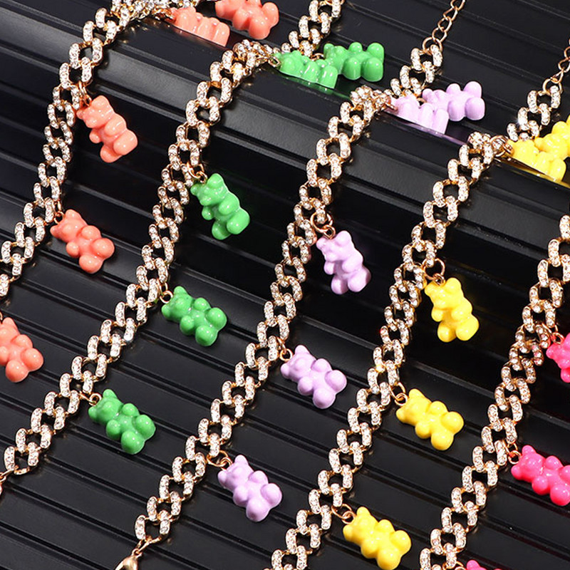 Iced Out, auriu, strălucitor, cu lanț de metal, pentru femei și bărbați, drăguț, colorat, urs de rășină, cu legături cubaneze, bijuterii hiphop
