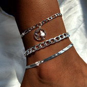 BYNOUCK Nouă gleznă cu mai multe straturi de culoare argintie, hartă lumii, gleznă metalică, pe picior, fete, vară, desculț, plajă, cadou de petrecere