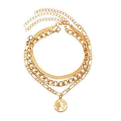 BYNOUCK Nouă gleznă cu mai multe straturi de culoare argintie, hartă lumii, gleznă metalică, pe picior, fete, vară, desculț, plajă, cadou de petrecere