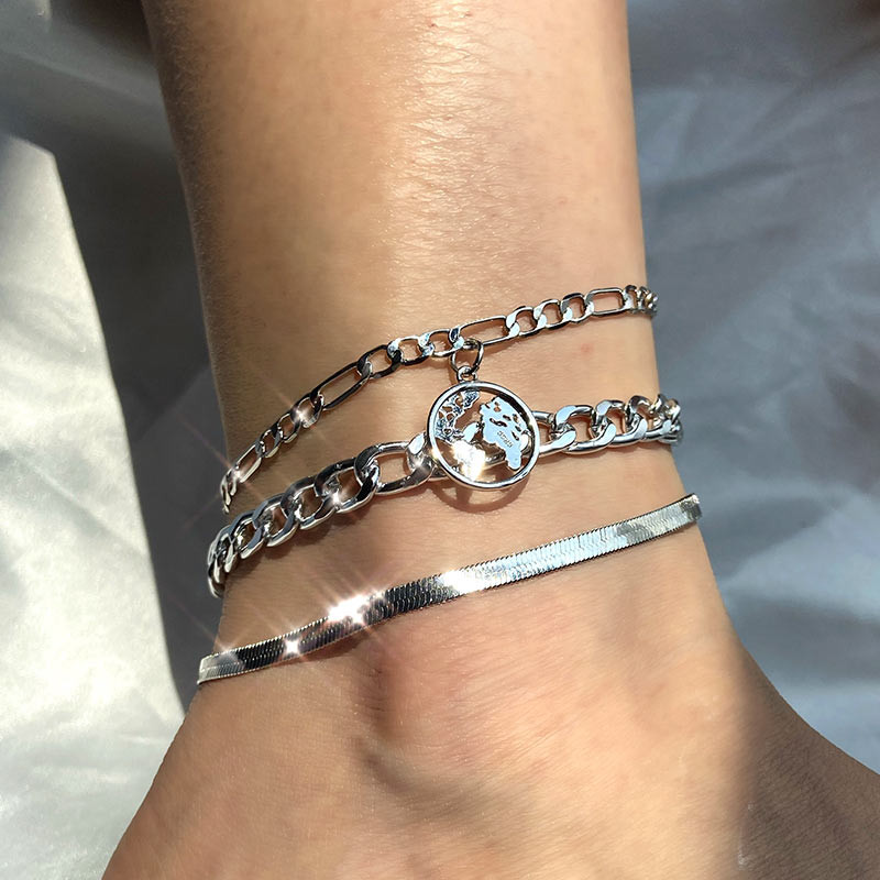 BYNOUCK Nouă gleznă cu mai multe straturi de culoare argintie, hartă lumii, gleznă metalică, pe picior, fete, vară, desculț, plajă, cadou de petrecere