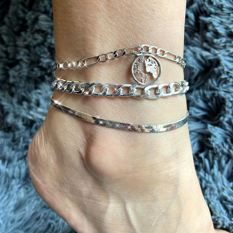 BYNOUCK Nouă gleznă cu mai multe straturi de culoare argintie, hartă lumii, gleznă metalică, pe picior, fete, vară, desculț, plajă, cadou de petrecere