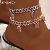 Iced Out Hiphop Crystal Cuban Link bokaláncok Női Nagykereskedelem Fényes pillangó medál vaskos fém bokalánc lábékszer Új