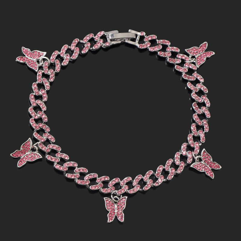 Iced Out Hiphop Crystal Cuban Link bokaláncok Női Nagykereskedelem Fényes pillangó medál vaskos fém bokalánc lábékszer Új
