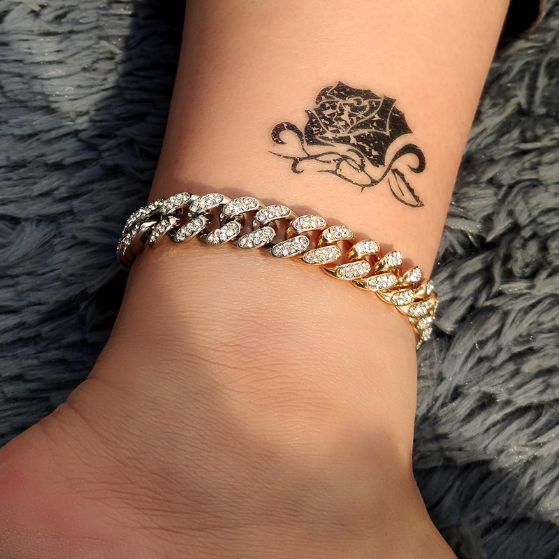 Hip Hop Rock kulla hõbedase värviga Miami Kuuba jalavõru ehted Naiste meeste liitmine kristallist turske metallist kett jalavõrud Räppar ehted