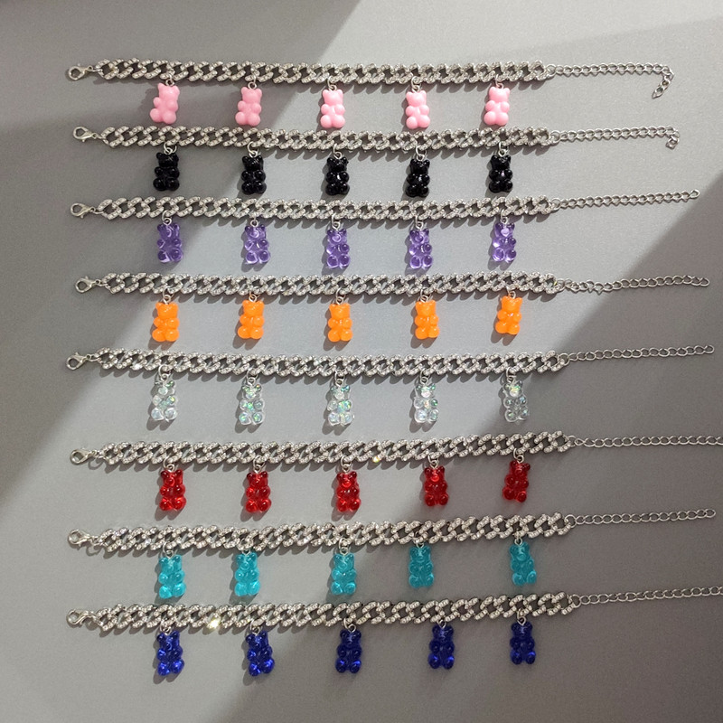 Brățară de gleznă cu legături cubaneze din Miami punk pentru femei și bărbați Breloc drăguț cu ursuleț de gumă, din metal gros, cadouri de petrecere, bijuterii noi