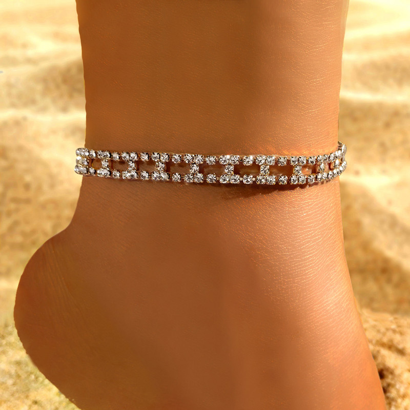 Hip Hop Geometric Strass Tenis gleznă pentru femei Bling simplu Strat dublu Lant de cristal pentru gleznă Sandale desculțe Bijuterii noi