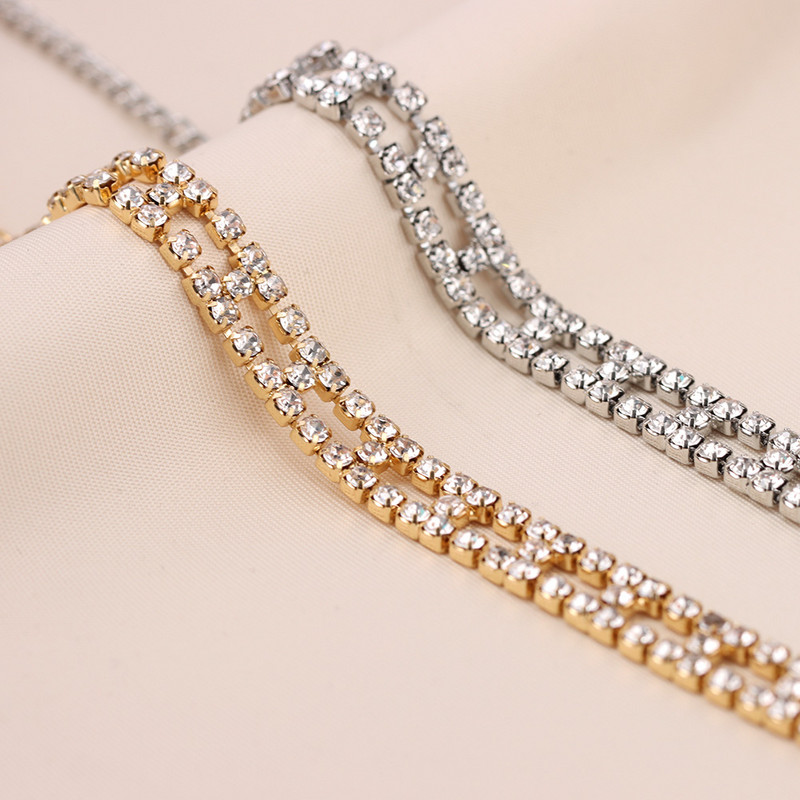 Hip Hop Geometric Strass Tenis gleznă pentru femei Bling simplu Strat dublu Lant de cristal pentru gleznă Sandale desculțe Bijuterii noi