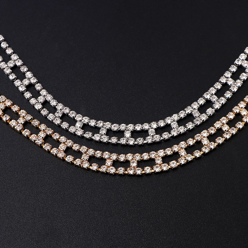 Hip Hop Geometric Strass Tenis gleznă pentru femei Bling simplu Strat dublu Lant de cristal pentru gleznă Sandale desculțe Bijuterii noi