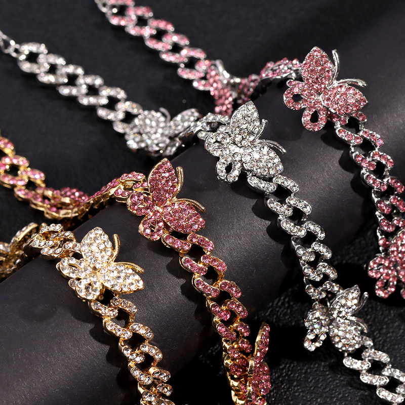 HipHop Rock Baguette Cristal Fluture Chunky Lanț de metal Anklets Bijuterii Cu ridicata Strălucitor Miami Cuban Link Anklet pentru femei bărbați