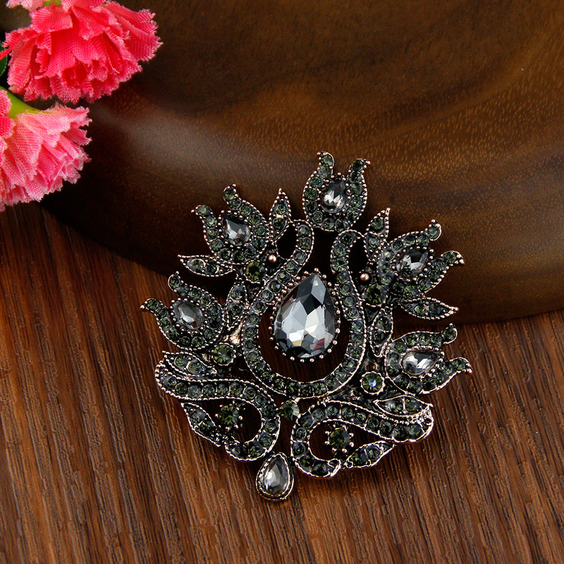 Sunspicems broșe turcești de cristal gri vintage pentru femei, ace de hijab cu flori de culoare aurie retro, cadou de bijuterii de nuntă de mireasă indiană