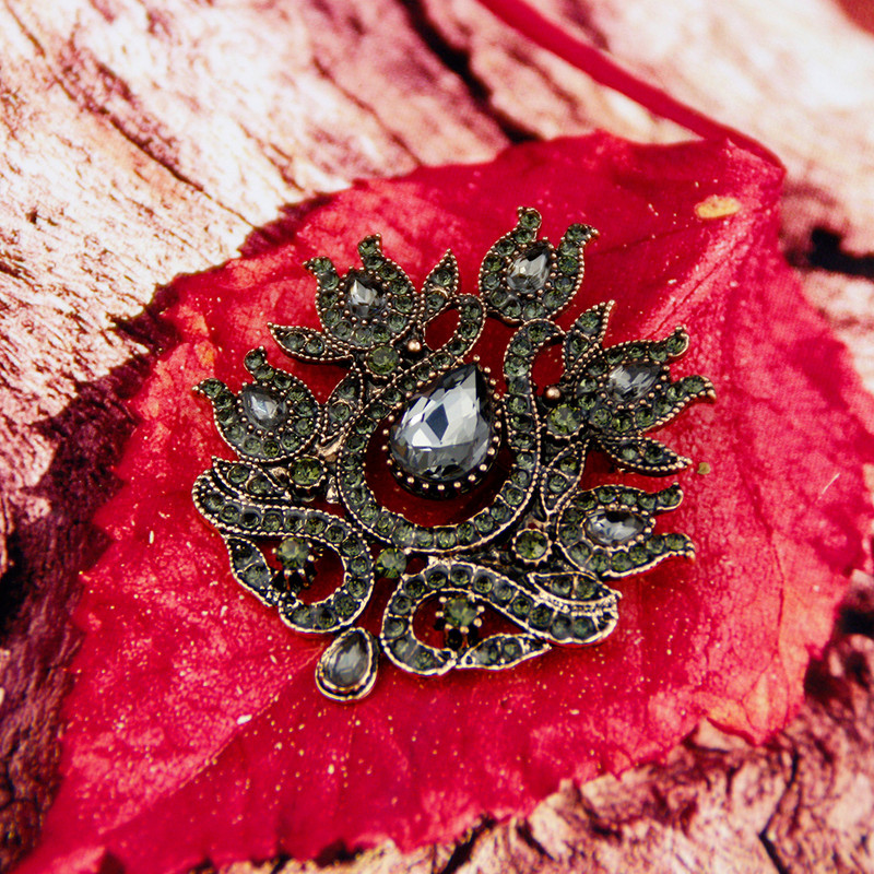 Sunspicems broșe turcești de cristal gri vintage pentru femei, ace de hijab cu flori de culoare aurie retro, cadou de bijuterii de nuntă de mireasă indiană