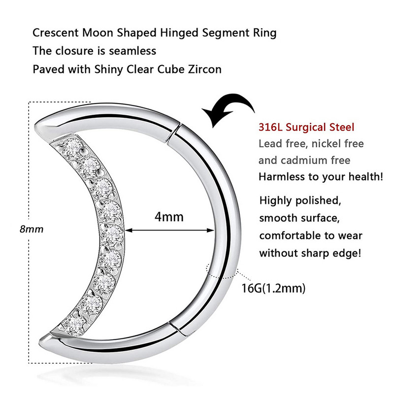 1 buc Inel cu balamale picătură de lacrimă pentru segmentul lunii Septum Nas Clicker Piercing Cz Buză Labret Ureche Tragus Cartilaj Daith Helix Cercei16g