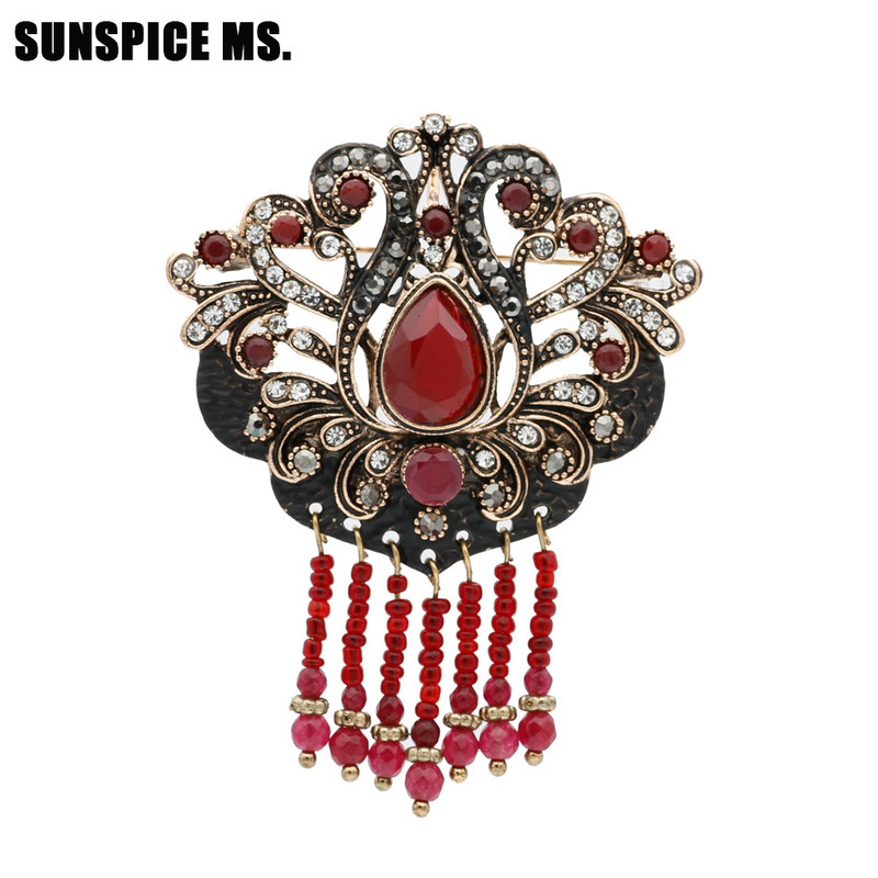 Sunspice Ms Vintage turcesc Retro mărgele rășină broșă bijuterii de culoare auriu antice vopsea neagră floare goală etnic nunta pin cadou