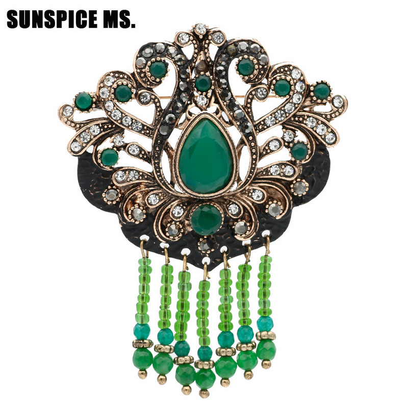 Sunspice Ms Vintage turcesc Retro mărgele rășină broșă bijuterii de culoare auriu antice vopsea neagră floare goală etnic nunta pin cadou