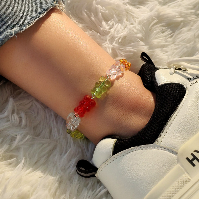 Coreeană rășină lucrată manual ursuleț cu lanț de gleznă pentru femei, fete, colorate, culoare bomboană, urși de animale, brățară de metal, bijuterii noi