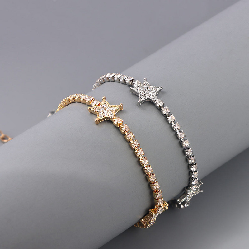 Iced out Star Fluture Cristal Strasuri Lanț de gleznă Bijuterii Stele goale Inimă Tenis Brățară cu lanț de gleznă pentru femei