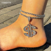 Punk Bling Cristal gleznă cu semn de dolar pentru femei Hiphop stratificat tenis gleznă Brățară animal gleznă Trend Beach Jewely 2022