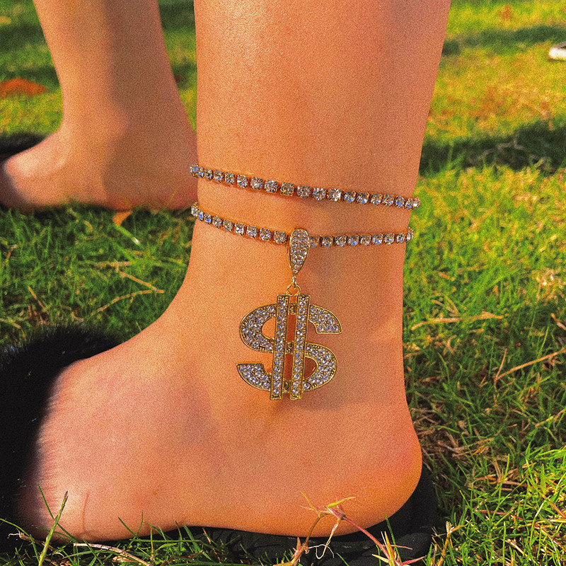 Punk Bling Cristal gleznă cu semn de dolar pentru femei Hiphop stratificat tenis gleznă Brățară animal gleznă Trend Beach Jewely 2022