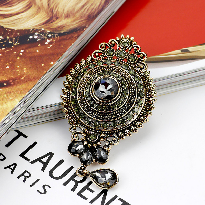 Sunspicems, broșă de cristal gri pentru femei, design de coroană turcească, retro, auriu, argintiu, hijab, caftan, bijuterii, cadou de familie