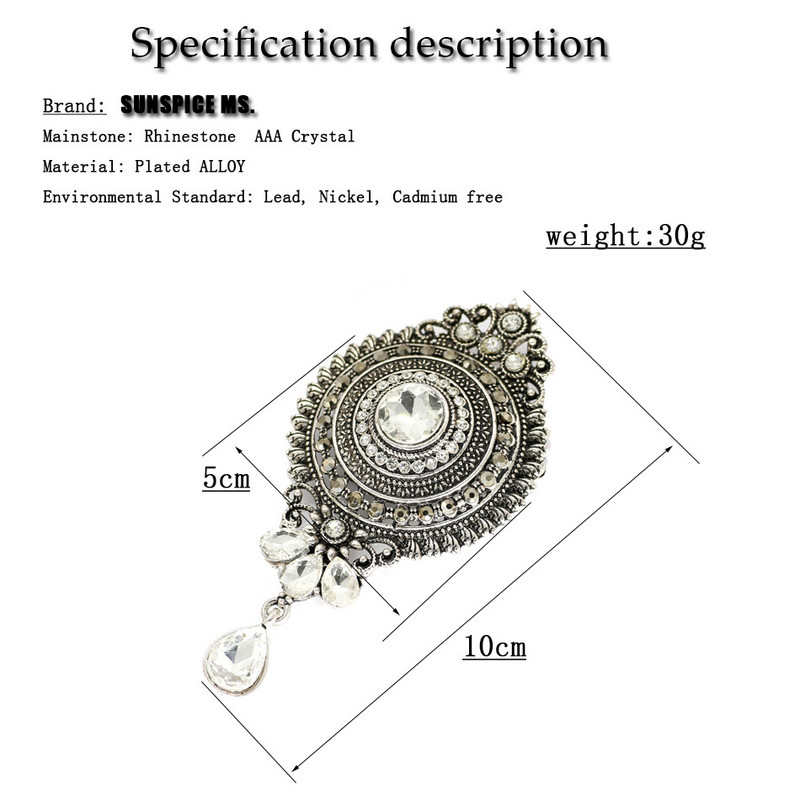 Sunspicems, broșă de cristal gri pentru femei, design de coroană turcească, retro, auriu, argintiu, hijab, caftan, bijuterii, cadou de familie