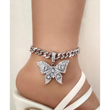 Блестяща златна кристална пеперуда Mimai Cuban Link Anklets Iced Out Chunky Thick Metal Glezen Гривна за жени Парти бижута за крака