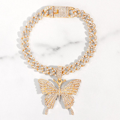 Strălucitor Cristal Auriu Fluture Mimai Cuban Link Brațe de gleznă Iced Out Chunky Gros Metal Bratara de gleznă pentru femei Bijuterii de petrecere pentru picioare