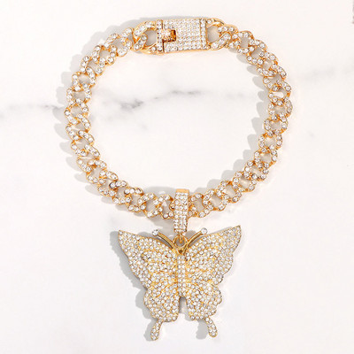 Strălucitor Cristal Auriu Fluture Mimai Cuban Link Brațe de gleznă Iced Out Chunky Gros Metal Bratara de gleznă pentru femei Bijuterii de petrecere pentru picioare