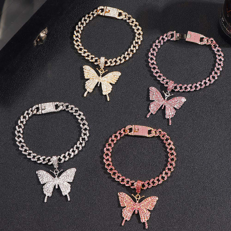 Strălucitor Cristal Auriu Fluture Mimai Cuban Link Brațe de gleznă Iced Out Chunky Gros Metal Bratara de gleznă pentru femei Bijuterii de petrecere pentru picioare