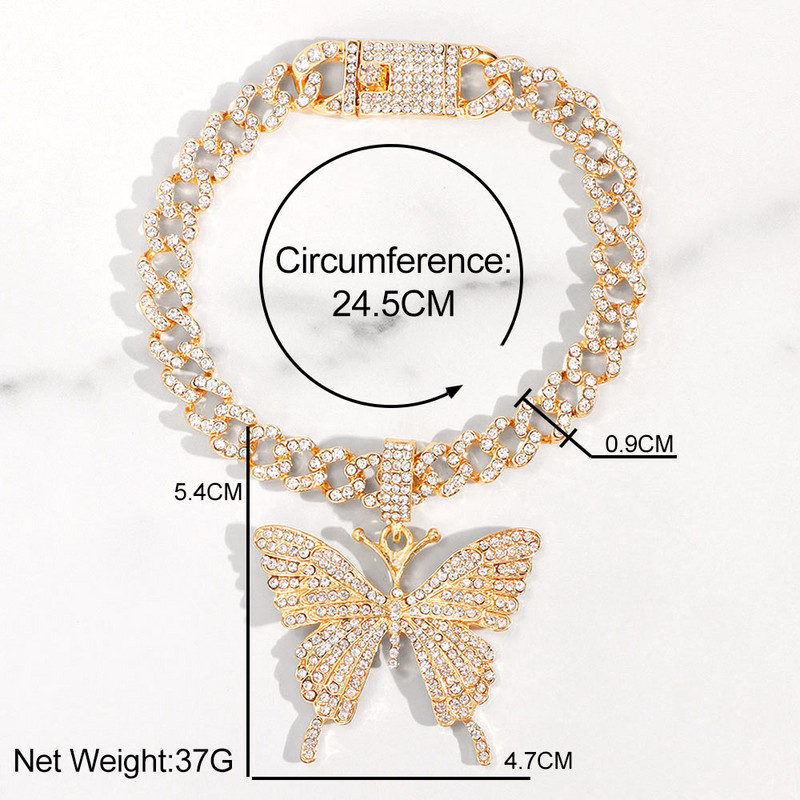 Strălucitor Cristal Auriu Fluture Mimai Cuban Link Brațe de gleznă Iced Out Chunky Gros Metal Bratara de gleznă pentru femei Bijuterii de petrecere pentru picioare