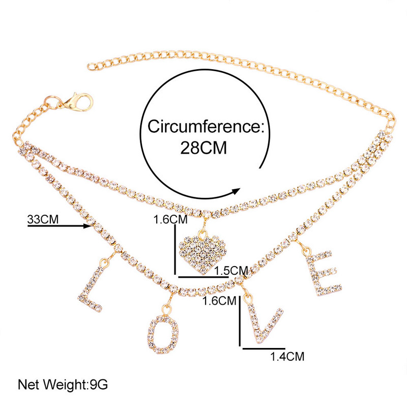 Lanț de tenis punk cu două straturi, pandantive de inimă, lanț de gleznă, bijuterii, gleznă strălucitoare, cu scrisoare de dragoste, accesorii de petrecere pentru femei, cadouri