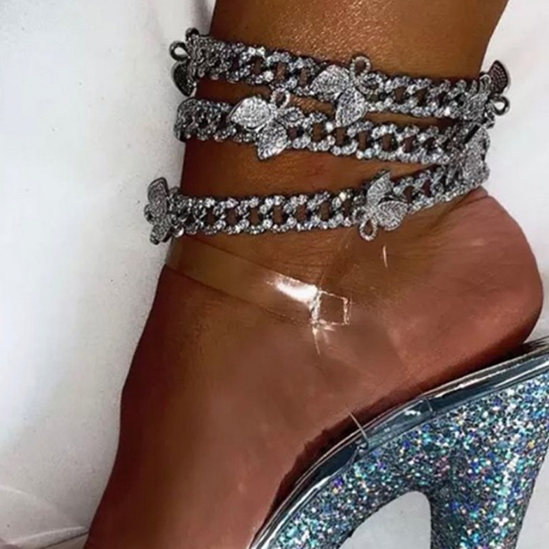 Punk HipHop Cristal Butterfly Charms Brățară de glezne grosime pentru femei Bijuterii cu lanț de gleznă cubaneze cu strasuri de baghetă