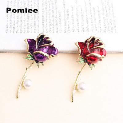 Broșe cu flori de trandafir emailat Pomlee pentru femei, moda doamnă, ace de flori de lux cu perle, design de primăvară vară, cadou disponibil în 2 culori