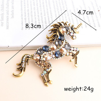 Pomlee Green Blue Rhinestone Кон брошки за жени Unicorn Brooch Брошка с двойно предназначение Animal Fashion Jewelry Vintage Coat Pin