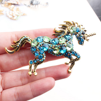 Pomlee Green Blue Rhinestone Кон брошки за жени Unicorn Brooch Брошка с двойно предназначение Animal Fashion Jewelry Vintage Coat Pin