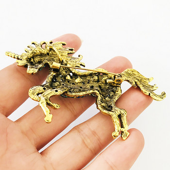 Pomlee Green Blue Rhinestone Кон брошки за жени Unicorn Brooch Брошка с двойно предназначение Animal Fashion Jewelry Vintage Coat Pin