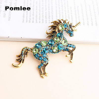 Pomlee Green Blue Rhinestone Кон брошки за жени Unicorn Brooch Брошка с двойно предназначение Animal Fashion Jewelry Vintage Coat Pin