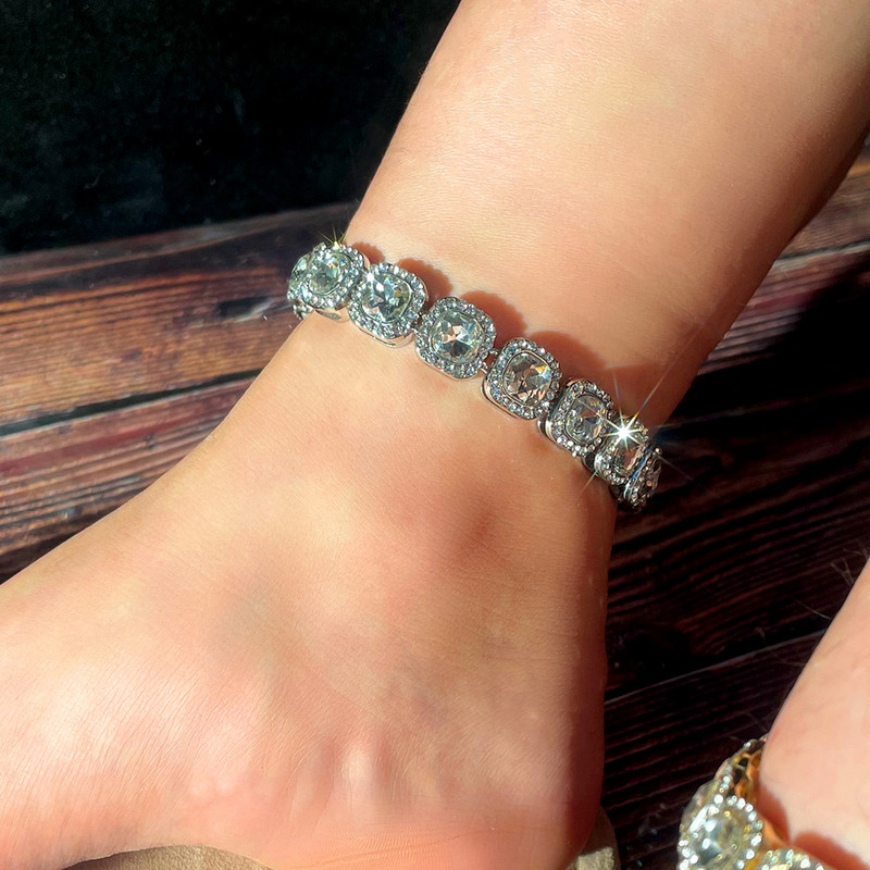 gleznă cu lanț de cristal punk hiphop, lățime de 13 mm, gleznă cu lanț pătrat, cu gheață, bling bling, bijuterii pentru picioare de modă