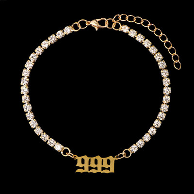 Nou Punk Stras mare Brățară de gleznă de tenis simplă Bijuterii Oțel inoxidabil Numărul de înger 111 222 Lanț de gleznă de cristal pentru femei