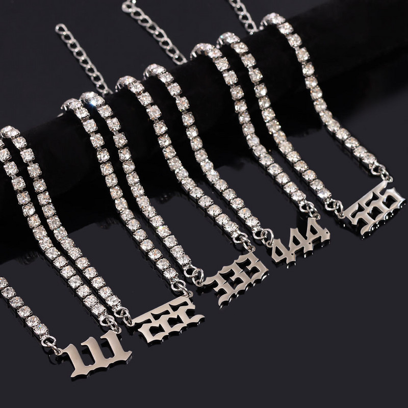 Nou Punk Stras mare Brățară de gleznă de tenis simplă Bijuterii Oțel inoxidabil Numărul de înger 111 222 Lanț de gleznă de cristal pentru femei