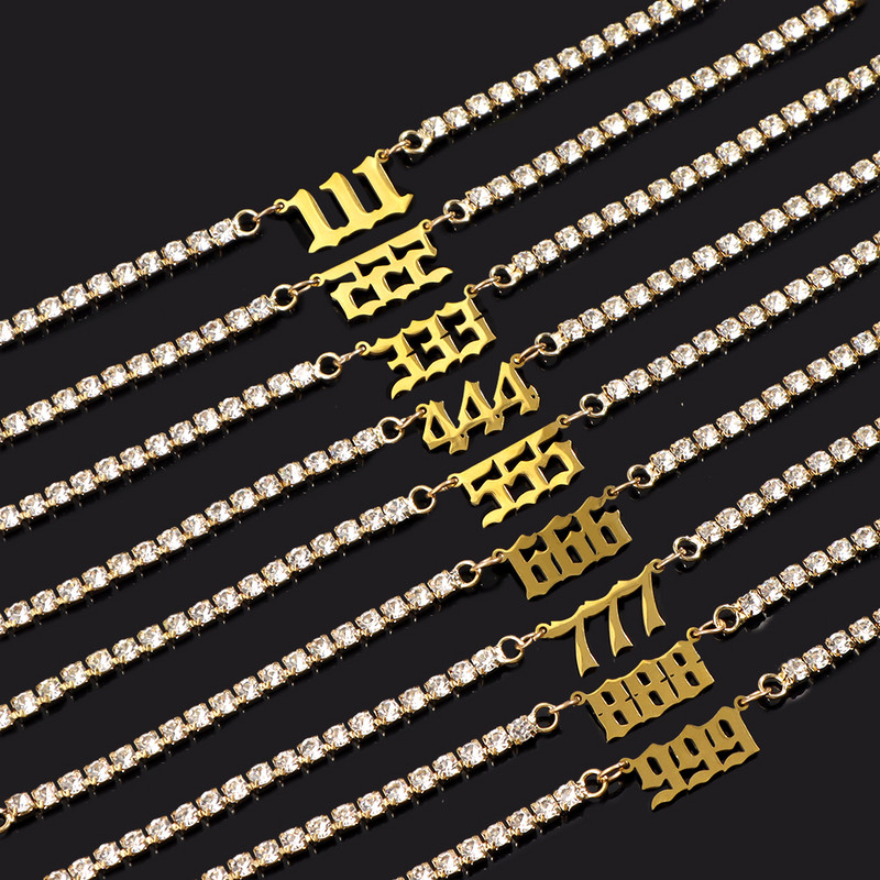 Nou Punk Stras mare Brățară de gleznă de tenis simplă Bijuterii Oțel inoxidabil Numărul de înger 111 222 Lanț de gleznă de cristal pentru femei